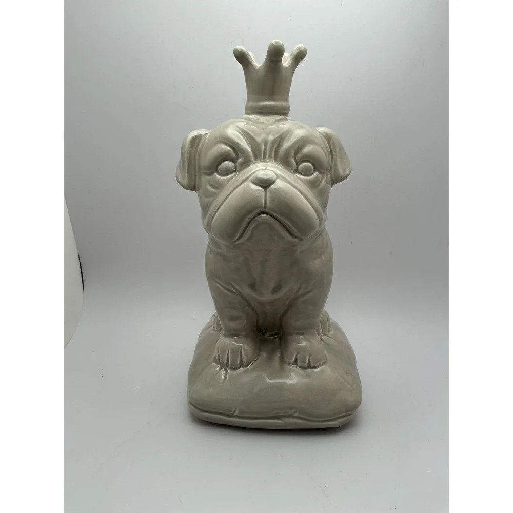 Ceramic British Bulldog with Crown Sitting On A Cushion, Glossy,‎ Light Gray